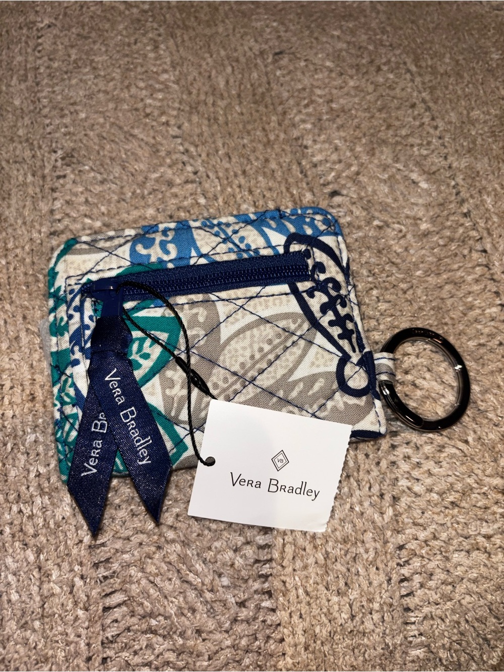 Vera Bradley Campus Double ID Holder Keychain Santiago Blue Quilted NWT